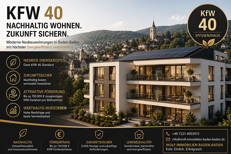 Foto Energieeffizienz ist heute wichtiger als viele K�ufer glauben<br><br>Wer vor zehn oder f�nfzehn Jahren eine Immobilie gekauft hat, stellte meist dieselben Fragen: Wie ist die Lage? Wie gro� ist das Grundst�ck? Wie viele Zimmer gibt es? Ist die Ausstattung modern?<br><br>Diese Fragen sind auch heute noch wichtig. Doch die Spielregeln am Immobilienmarkt haben sich ver�ndert.<br><br>Steigende Energiekosten, h�here Zinsen, strengere gesetzliche Anforderungen und ein wachsendes Bewusstsein f�r Nachhaltigkeit haben dazu gef�hrt, dass K�ufer deutlich genauer hinschauen als fr�her. Der Energieverbrauch einer Immobilie beeinflusst heute nicht nur die laufenden Kosten, sondern zunehmend auch den Kaufpreis, die Finanzierungsm�glichkeiten, die Vermietbarkeit und den sp�teren Wiederverkaufswert.<br><br>Gerade in Baden-Baden, Rastatt und Gaggenau beobachten wir bei Wolf Immobilien Baden-Baden eine deutliche Ver�nderung des K�uferverhaltens. W�hrend fr�her h�ufig die Einbauk�che oder das neue Badezimmer im Mittelpunkt standen, fragen Interessenten heute oft zuerst nach dem Energieausweis, der Heizungsanlage oder den zu erwartenden Nebenkosten.<br><br>Besonders h�ufig f�llt dabei ein Begriff: KfW 40.<br><br>Doch was steckt wirklich dahinter? Warum wird dieser Energiestandard immer wichtiger? Welche F�rderungen gibt es aktuell? Und warum kann ein KfW-40-Geb�ude langfristig deutlich wertvoller sein als eine vergleichbare Immobilie mit schlechter Energiebilanz?