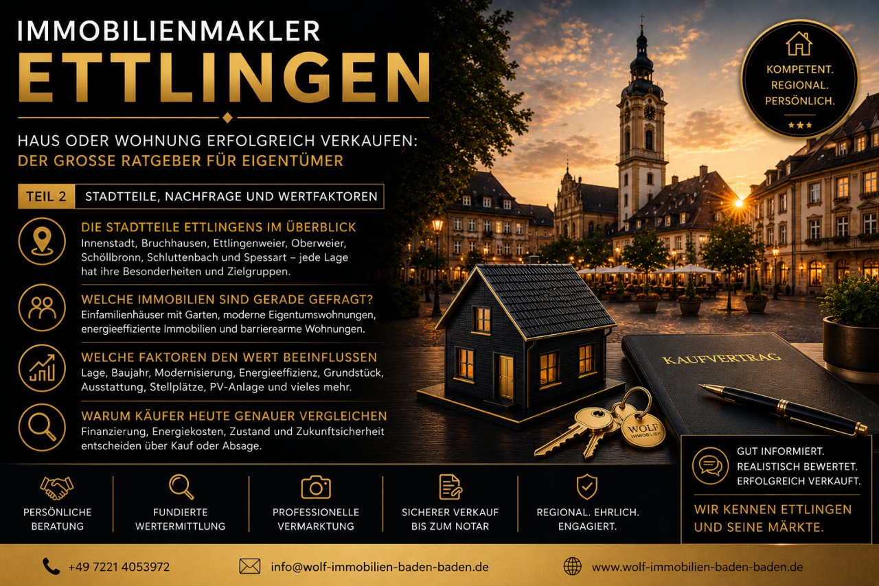 Foto Der bekannte Satz �Lage, Lage, Lage� geh�rt seit Jahrzehnten zu den wichtigsten Grunds�tzen der Immobilienbranche. Tats�chlich steckt darin viel Wahrheit � allerdings greift diese Aussage heute zu kurz. Nicht jede gute Lage ist automatisch gleich viel wert, und nicht jeder Stadtteil entwickelt sich in gleicher Weise.<br><br>Gerade in Ettlingen lohnt sich deshalb ein genauer Blick auf die einzelnen Wohnlagen. Die Stadt bietet eine au�ergew�hnliche Vielfalt � von der historischen Altstadt �ber familienfreundliche Wohngebiete bis hin zu den idyllisch gelegenen H�henstadtteilen am Rand des Schwarzwalds. Jede Lage spricht andere K�ufer an und bringt ihre eigenen Besonderheiten mit sich.<br><br>Wer seine Immobilie verkaufen m�chte, sollte diese Unterschiede kennen. Denn der Marktwert wird nicht allein durch die Postleitzahl bestimmt, sondern vor allem durch die Mikrolage, das Umfeld und die Zielgruppe, die sich f�r genau diese Immobilie interessiert.
