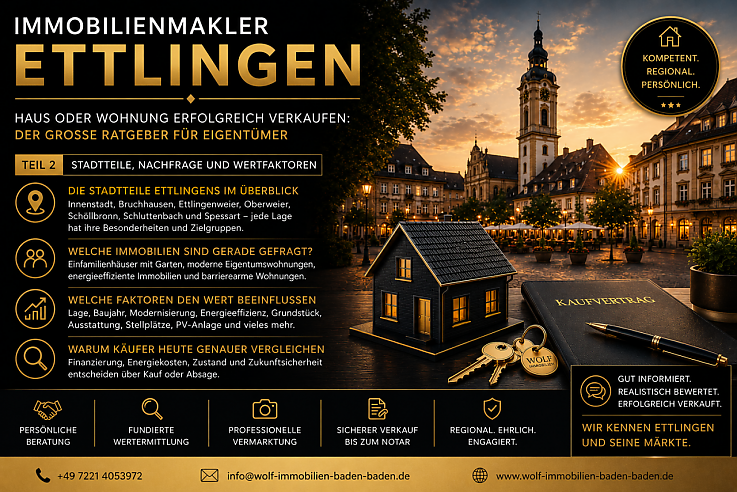 Foto Der bekannte Satz „Lage, Lage, Lage“ gehört seit Jahrzehnten zu den wichtigsten Grundsätzen der Immobilienbranche. Tatsächlich steckt darin viel Wahrheit – allerdings greift diese Aussage heute zu kurz. Nicht jede gute Lage ist automatisch gleich viel wert, und nicht jeder Stadtteil entwickelt sich in gleicher Weise.<br><br>Gerade in Ettlingen lohnt sich deshalb ein genauer Blick auf die einzelnen Wohnlagen. Die Stadt bietet eine außergewöhnliche Vielfalt – von der historischen Altstadt über familienfreundliche Wohngebiete bis hin zu den idyllisch gelegenen Höhenstadtteilen am Rand des Schwarzwalds. Jede Lage spricht andere Käufer an und bringt ihre eigenen Besonderheiten mit sich.<br><br>Wer seine Immobilie verkaufen möchte, sollte diese Unterschiede kennen. Denn der Marktwert wird nicht allein durch die Postleitzahl bestimmt, sondern vor allem durch die Mikrolage, das Umfeld und die Zielgruppe, die sich für genau diese Immobilie interessiert. Foto Der bekannte Satz „Lage, Lage, Lage“ gehört seit Jahrzehnten zu den wichtigsten Grundsätzen der Immobilienbranche. Tatsächlich steckt darin viel Wahrheit – allerdings greift diese Aussage heute zu kurz. Nicht jede gute Lage ist automatisch gleich viel wert, und nicht jeder Stadtteil entwickelt sich in gleicher Weise.<br><br>Gerade in Ettlingen lohnt sich deshalb ein genauer Blick auf die einzelnen Wohnlagen. Die Stadt bietet eine außergewöhnliche Vielfalt – von der historischen Altstadt über familienfreundliche Wohngebiete bis hin zu den idyllisch gelegenen Höhenstadtteilen am Rand des Schwarzwalds. Jede Lage spricht andere Käufer an und bringt ihre eigenen Besonderheiten mit sich.<br><br>Wer seine Immobilie verkaufen möchte, sollte diese Unterschiede kennen. Denn der Marktwert wird nicht allein durch die Postleitzahl bestimmt, sondern vor allem durch die Mikrolage, das Umfeld und die Zielgruppe, die sich für genau diese Immobilie interessiert.