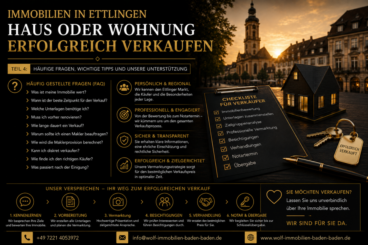 Foto Der Verkauf einer Immobilie ist weit mehr als eine gew�hnliche Transaktion. F�r viele Eigent�mer endet mit dem Verkauf ein wichtiger Lebensabschnitt. Oft sind mit einem Haus oder einer Wohnung Erinnerungen, pers�nliche Geschichten und viele Jahre gemeinsamer Zeit verbunden.<br><br>Gleichzeitig stellt der Immobilienverkauf f�r die meisten Menschen die gr��te finanzielle Entscheidung ihres Lebens dar. Umso wichtiger ist es, diese Entscheidung sorgf�ltig vorzubereiten und nichts dem Zufall zu �berlassen.<br><br>Gerade der Immobilienmarkt in Ettlingen zeigt, dass sich die Rahmenbedingungen in den vergangenen Jahren deutlich ver�ndert haben. K�ufer vergleichen heute intensiver, Banken pr�fen Finanzierungen sorgf�ltiger und auch Themen wie Energieeffizienz, Modernisierungsbedarf und Wohnqualit�t beeinflussen den Marktwert st�rker als fr�her.<br><br>Das bedeutet jedoch keineswegs, dass sich Immobilien schwieriger verkaufen lassen. Vielmehr kommt es heute st�rker denn je auf eine professionelle Vorbereitung an.<br><br>Eine realistische Wertermittlung, vollst�ndige Unterlagen, hochwertige Fotos, eine zielgerichtete Vermarktung und eine durchdachte Preisstrategie schaffen die Grundlage f�r einen erfolgreichen Verkauf.<br><br>Jede Immobilie ist einzigartig. Deshalb verdient auch jede Immobilie eine Vermarktung, die ihren Besonderheiten gerecht wird.